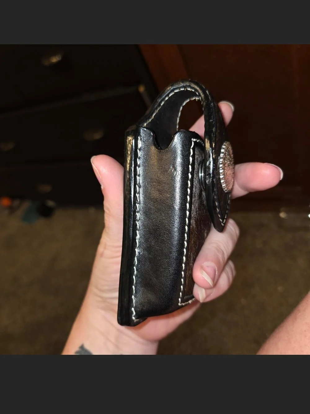 Leather & Hair-On Hide Belt Pouch with Silver Concho - Brown